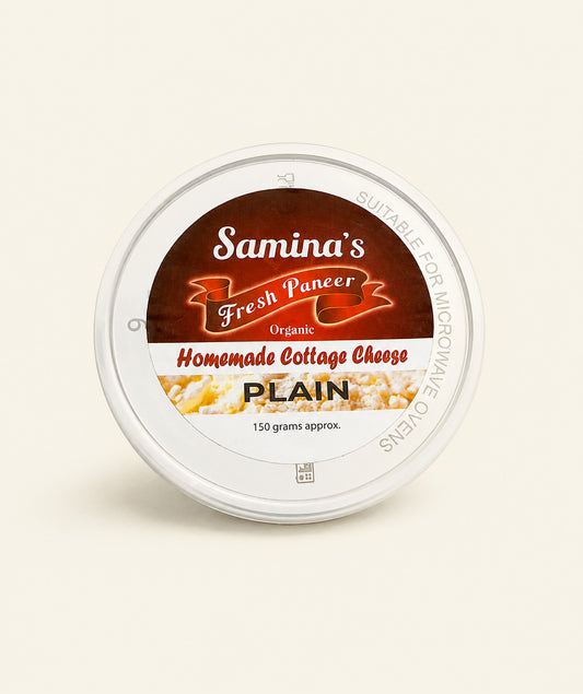 A round plastic tub of Samina's Fresh Paneer (Cottage Cheese). Plain flavor on a solid off-white background.